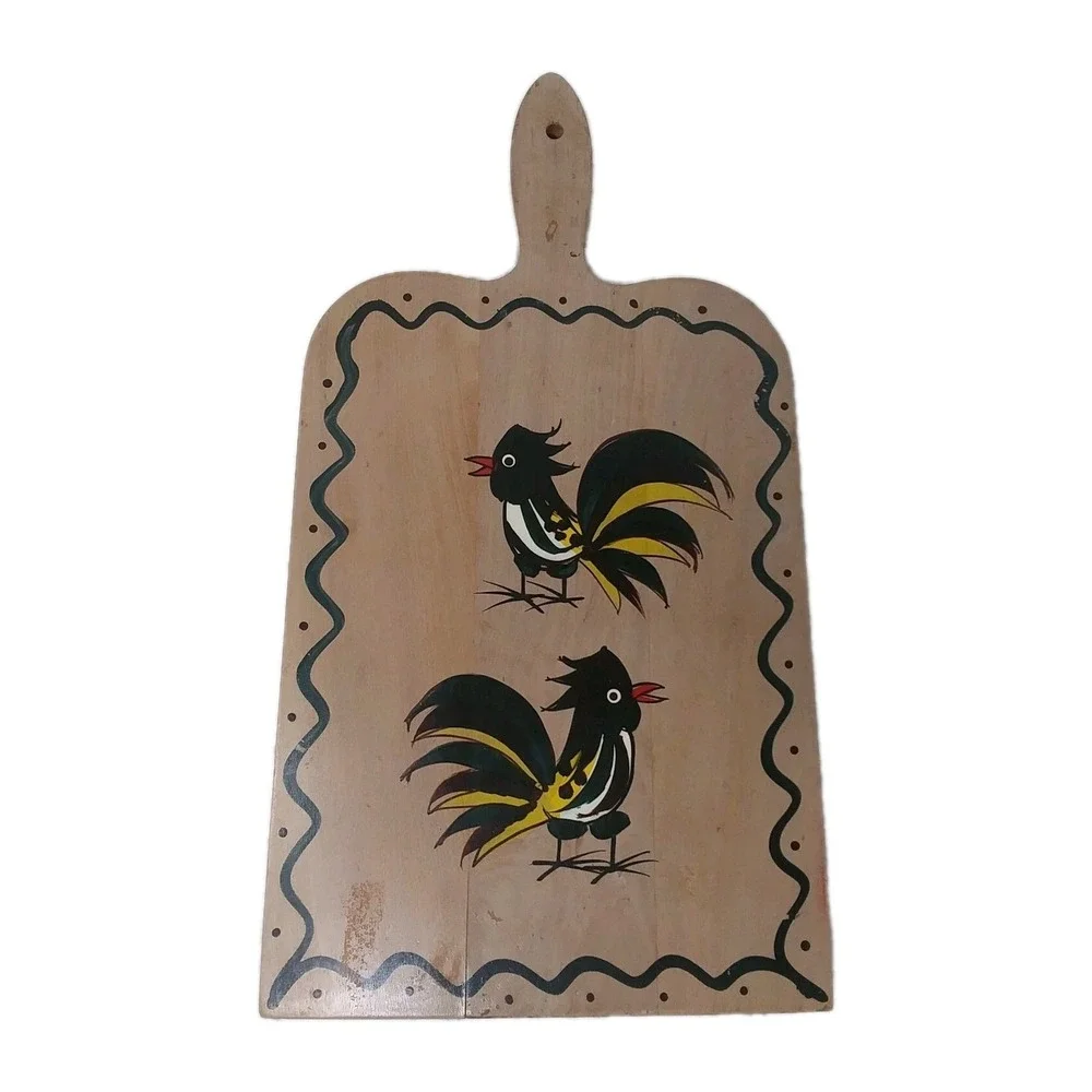 VTG Wooden Colorful Hand Painted Cutting Board Handle WOODPECKERS Japan READ